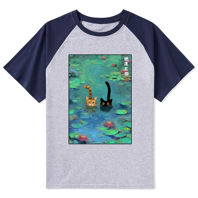 Tokyo-Tiger Funny Cats Swimming In Lilies Raglan T-shirt