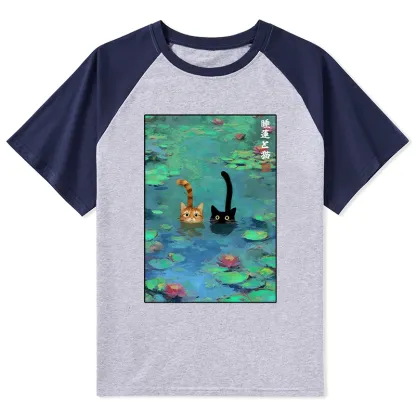 Tokyo-Tiger Funny Cats Swimming In Lilies Raglan T-shirt
