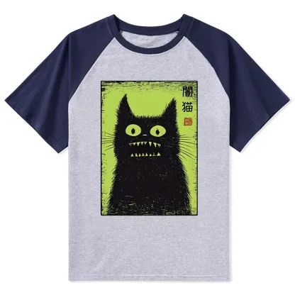 Tokyo-Tiger Spooky Black Cat Japanese Raglan T-shirt