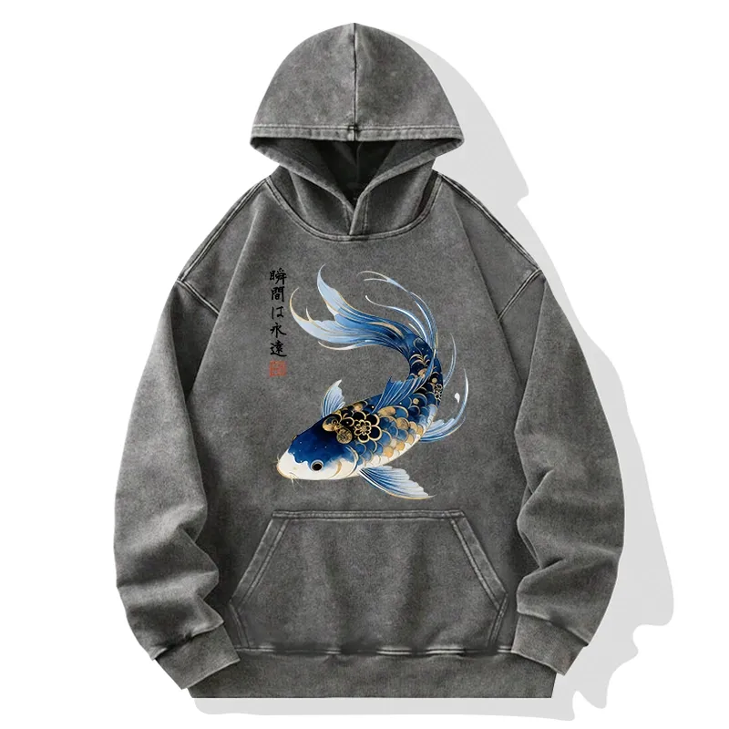 Tokyo-Tiger Elegant Koi Fish Watercolor Art Washed Hoodie