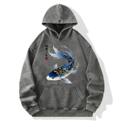 Tokyo-Tiger Elegant Koi Fish Watercolor Art Washed Hoodie