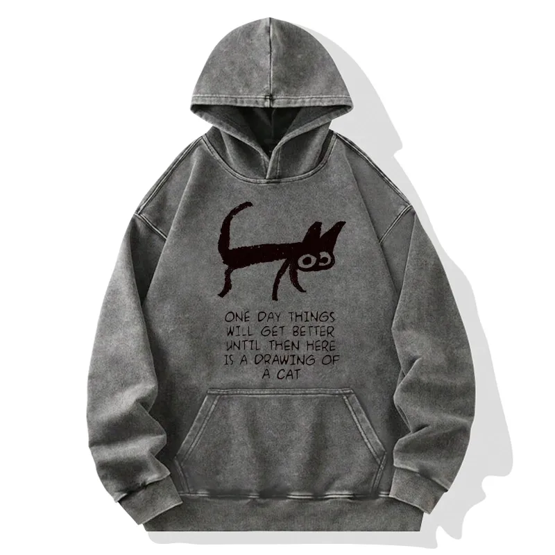 Tokyo-Tiger Cat Cheer Up Drawing Washed Hoodie