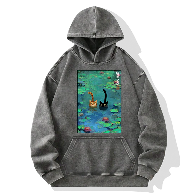 Tokyo-Tiger Funny Cats Swimming In Lilies Washed Hoodie