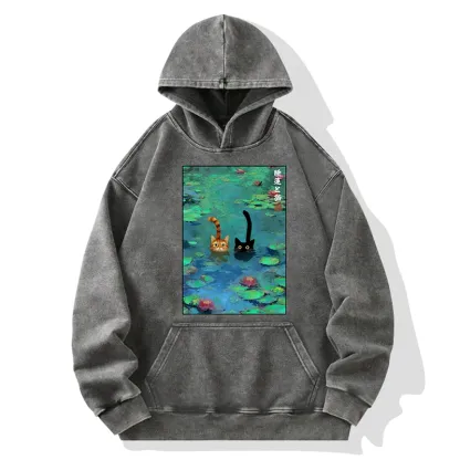 Tokyo-Tiger Funny Cats Swimming In Lilies Washed Hoodie