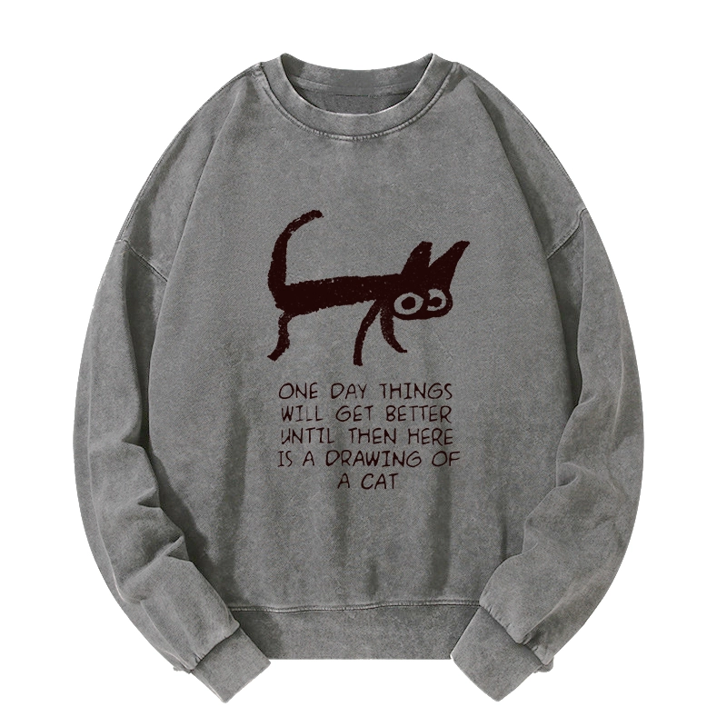 Tokyo-Tiger Cat Cheer Up Drawing Washed Sweatshirt