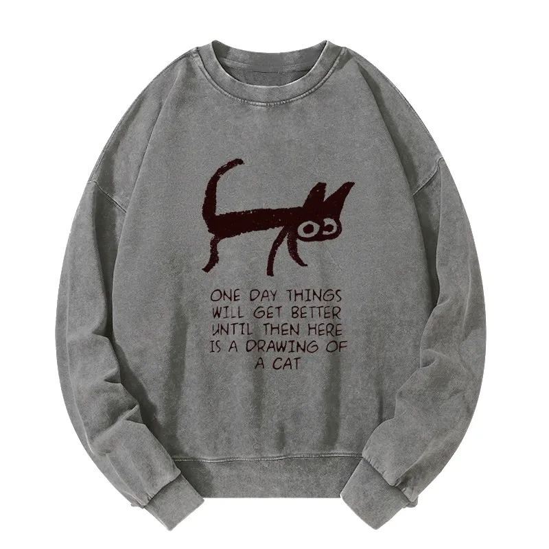 Tokyo-Tiger Cat Cheer Up Drawing Washed Sweatshirt