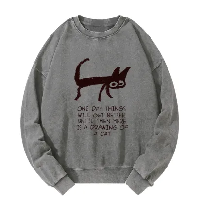 Tokyo-Tiger Cat Cheer Up Drawing Washed Sweatshirt
