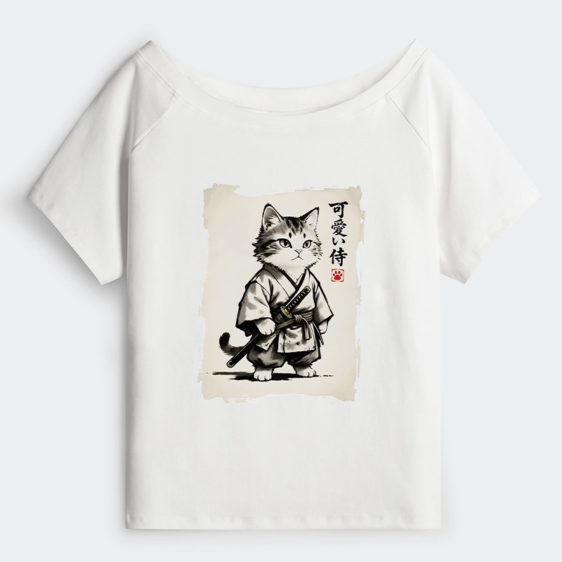 Tokyo-Tiger Japanese Samurai Cat Illustration Off Shoulder T-Shirt