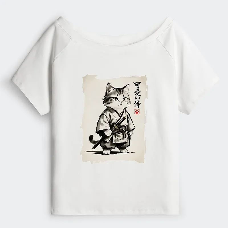 Tokyo-Tiger Japanese Samurai Cat Illustration Off Shoulder T-Shirt