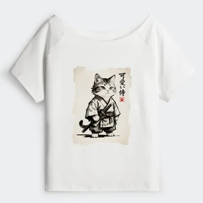 Tokyo-Tiger Japanese Samurai Cat Illustration Off Shoulder T-Shirt