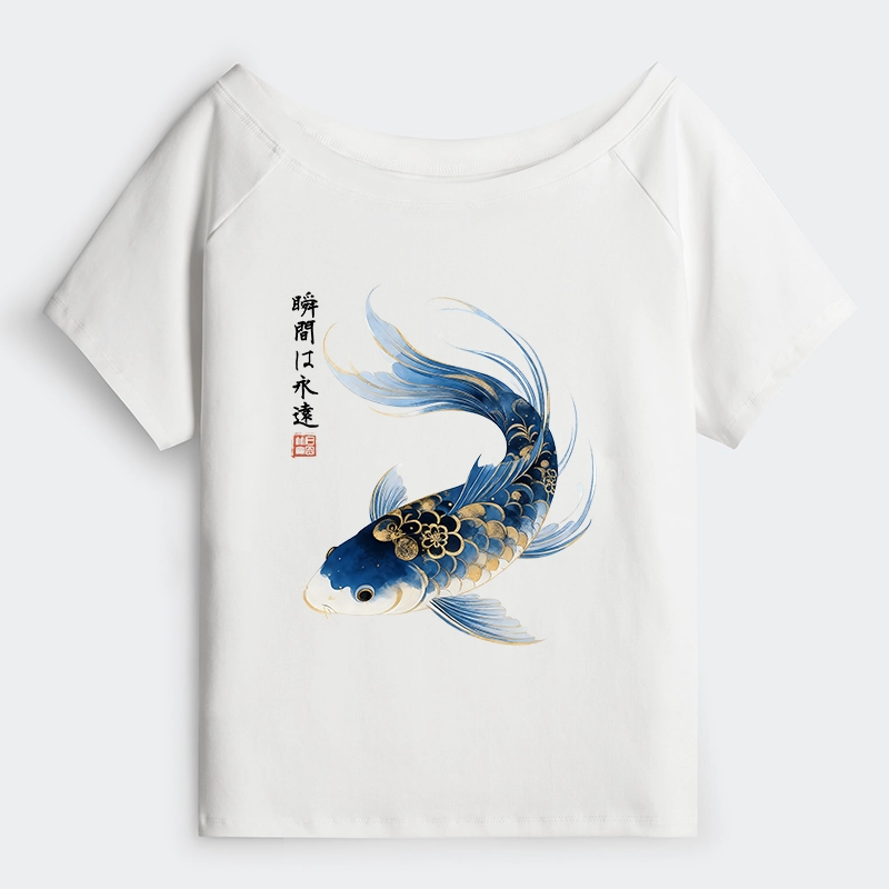 Tokyo-Tiger Elegant Koi Fish Watercolor Art Off Shoulder T-Shirt