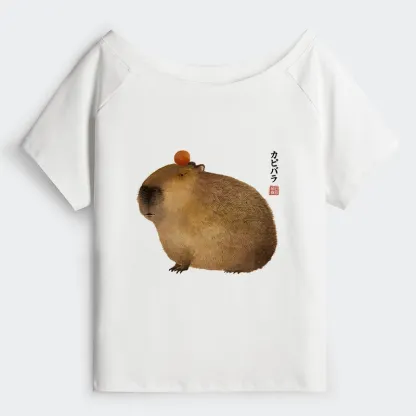 Tokyo-Tiger Calm Capybara Illustration Off Shoulder T-Shirt