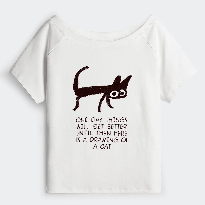 Tokyo-Tiger Cat Cheer Up Drawing Off Shoulder T-Shirt