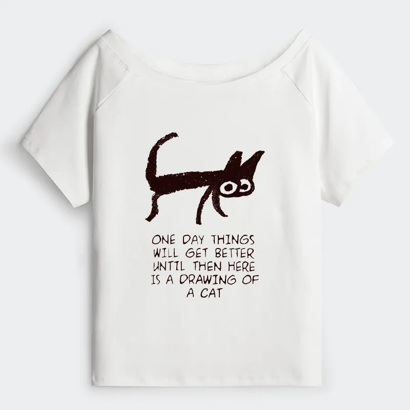 Tokyo-Tiger Cat Cheer Up Drawing Off Shoulder T-Shirt