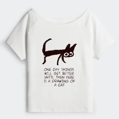 Tokyo-Tiger Cat Cheer Up Drawing Off Shoulder T-Shirt