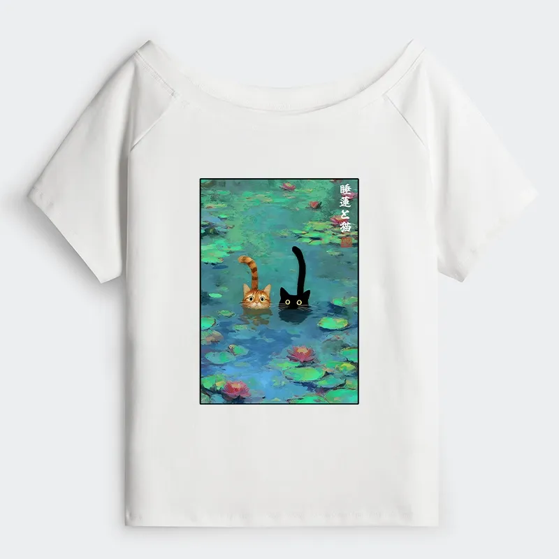 Tokyo-Tiger Funny Cats Swimming In Lilies Off Shoulder T-Shirt