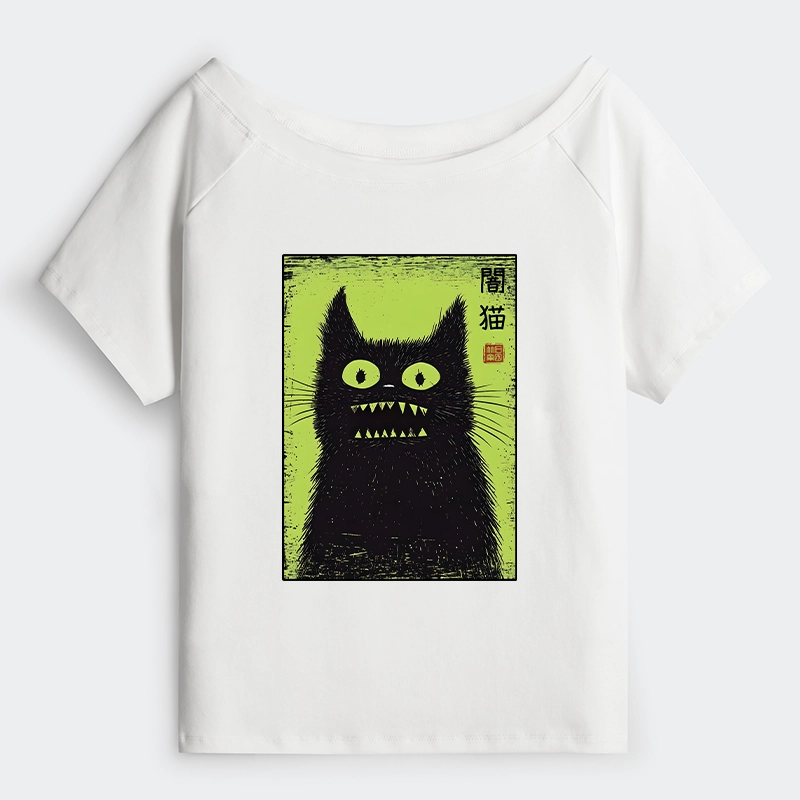 Tokyo-Tiger Spooky Black Cat Japanese Off Shoulder T-Shirt