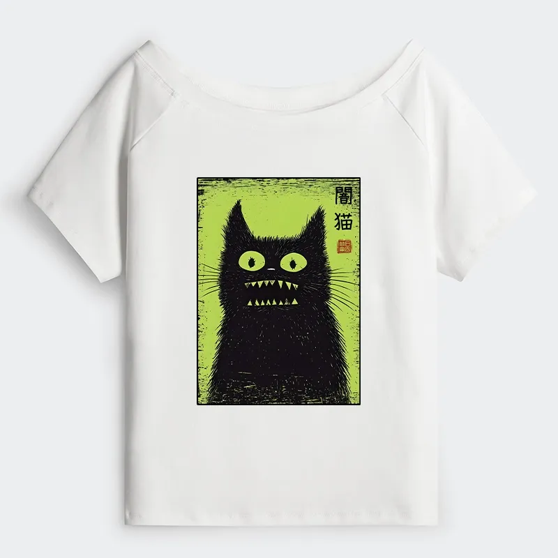 Tokyo-Tiger Spooky Black Cat Japanese Off Shoulder T-Shirt