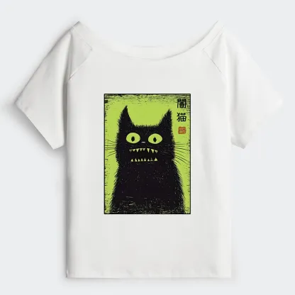 Tokyo-Tiger Spooky Black Cat Japanese Off Shoulder T-Shirt