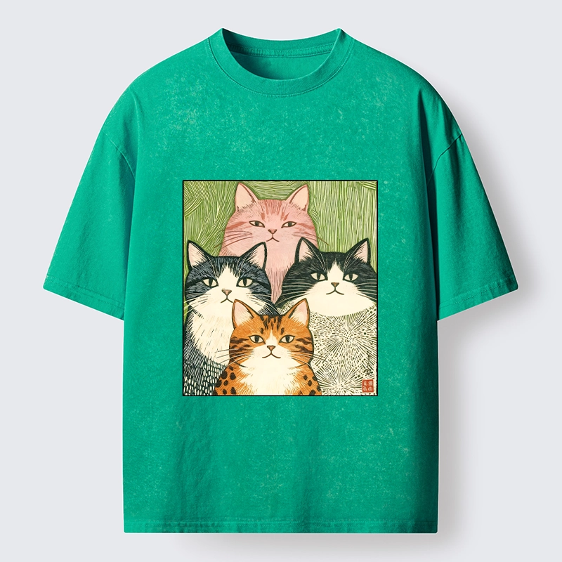 Tokyo-Tiger Funny Cat Squad Washed T-Shirt