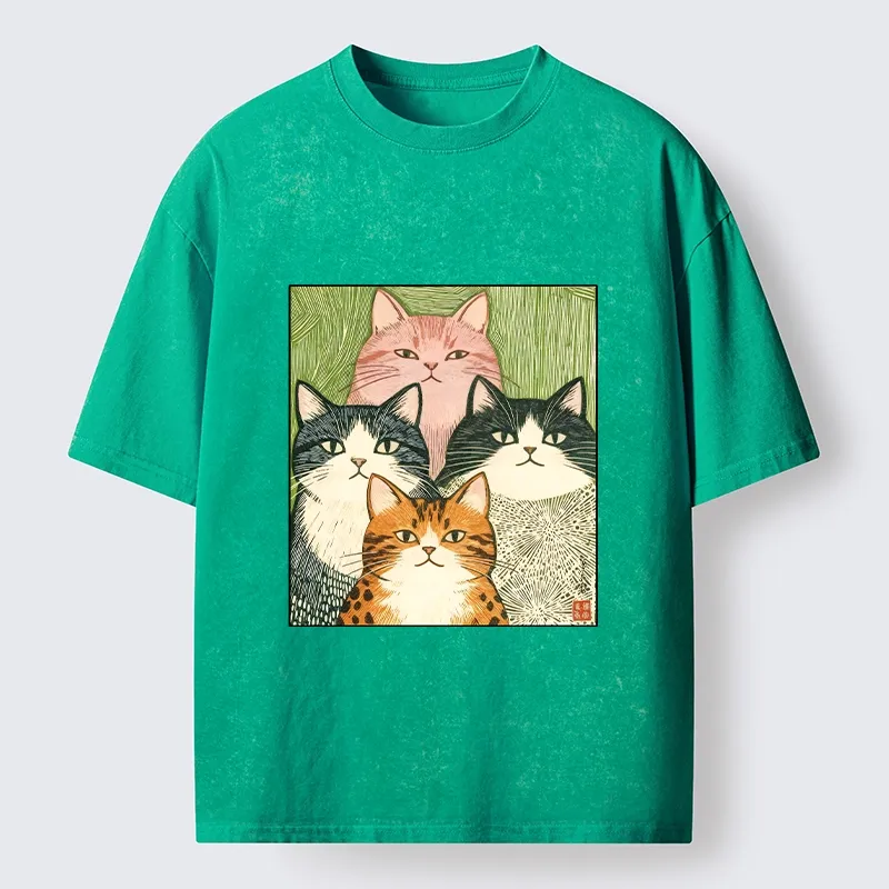 Tokyo-Tiger Funny Cat Squad Washed T-Shirt