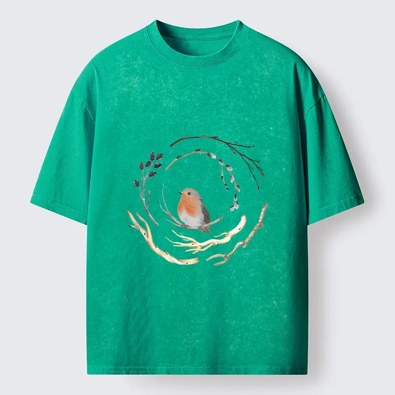 Tokyo-Tiger Cute Robin On Branch Washed T-Shirt