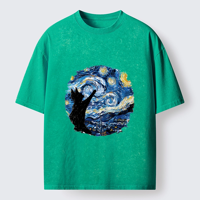 Tokyo-Tiger Starry Night Black Cat Washed T-Shirt