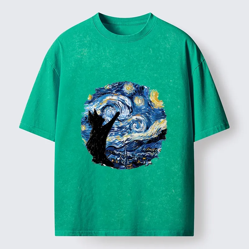Tokyo-Tiger Starry Night Black Cat Washed T-Shirt