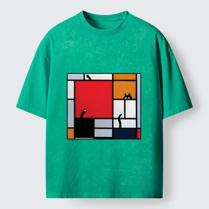 Tokyo-Tiger Geometric Cat Hide And Seek Washed T-Shirt