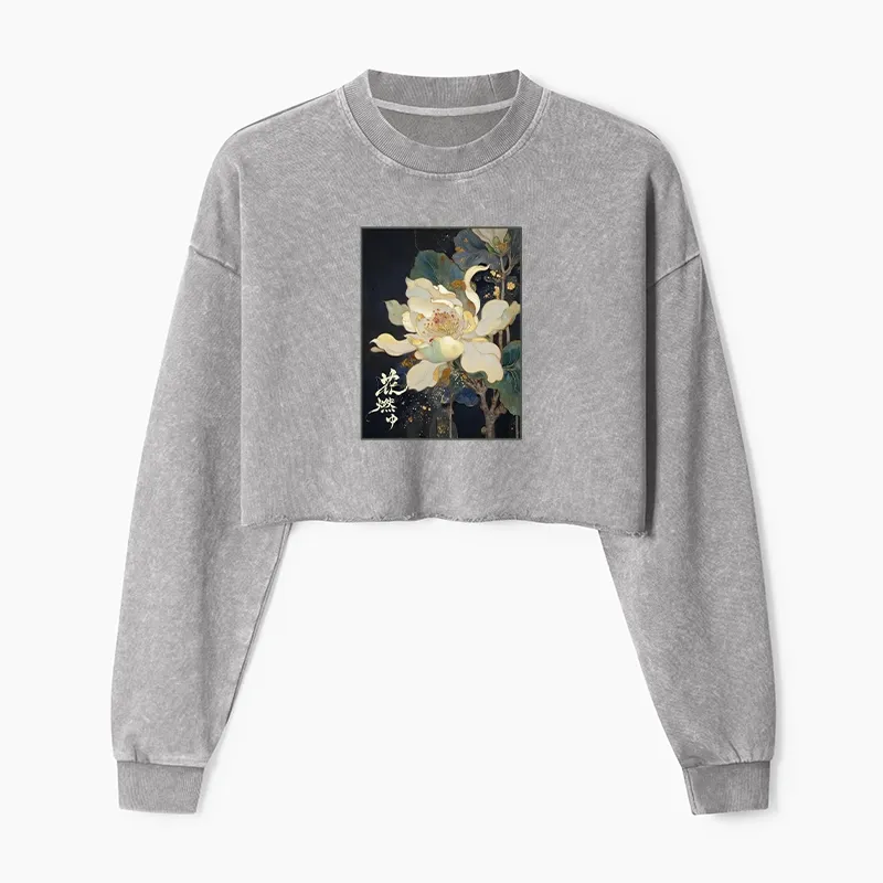Tokyo-Tiger Lotus Adorned With Golden Specks Washed Crop Sweatshirt