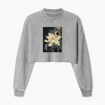 Tokyo-Tiger Lotus Adorned With Golden Specks Washed Crop Sweatshirt