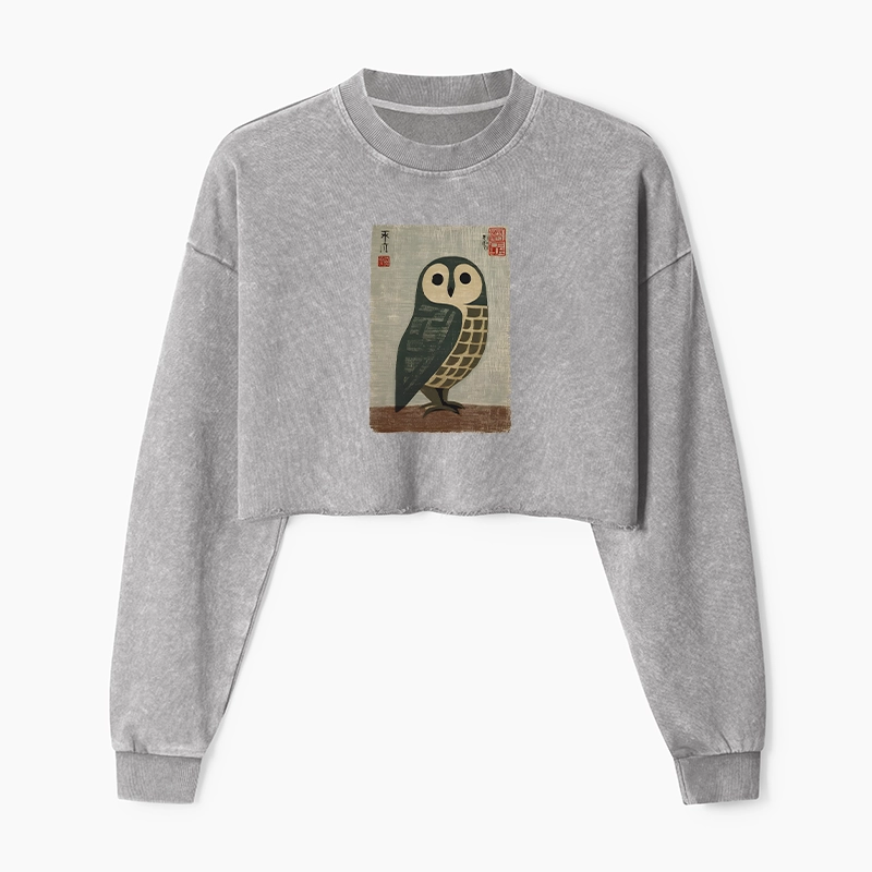 Tokyo-Tiger Traditional Owl In Japanese Art Washed Crop Sweatshirt