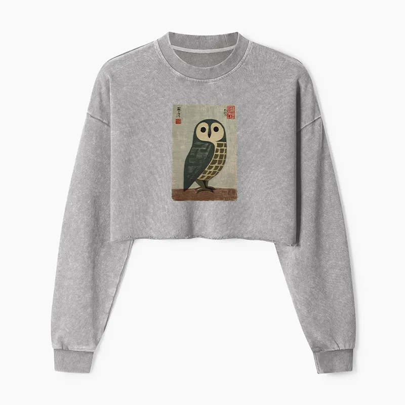 Tokyo-Tiger Traditional Owl In Japanese Art Washed Crop Sweatshirt