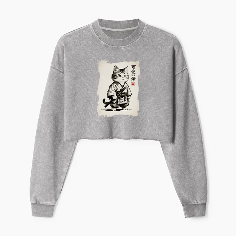 Tokyo-Tiger Japanese Samurai Cat Illustration Washed Crop Sweatshirt