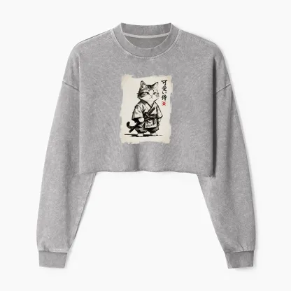 Tokyo-Tiger Japanese Samurai Cat Illustration Washed Crop Sweatshirt