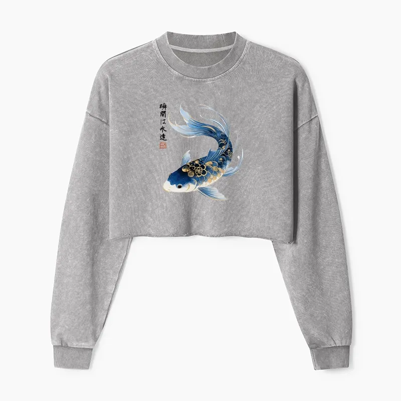 Tokyo-Tiger Elegant Koi Fish Watercolor Art Washed Crop Sweatshirt Sale