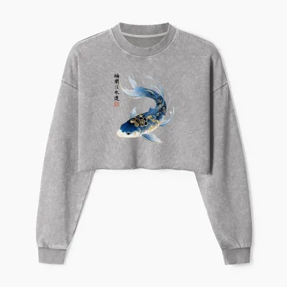 Tokyo-Tiger Elegant Koi Fish Watercolor Art Washed Crop Sweatshirt