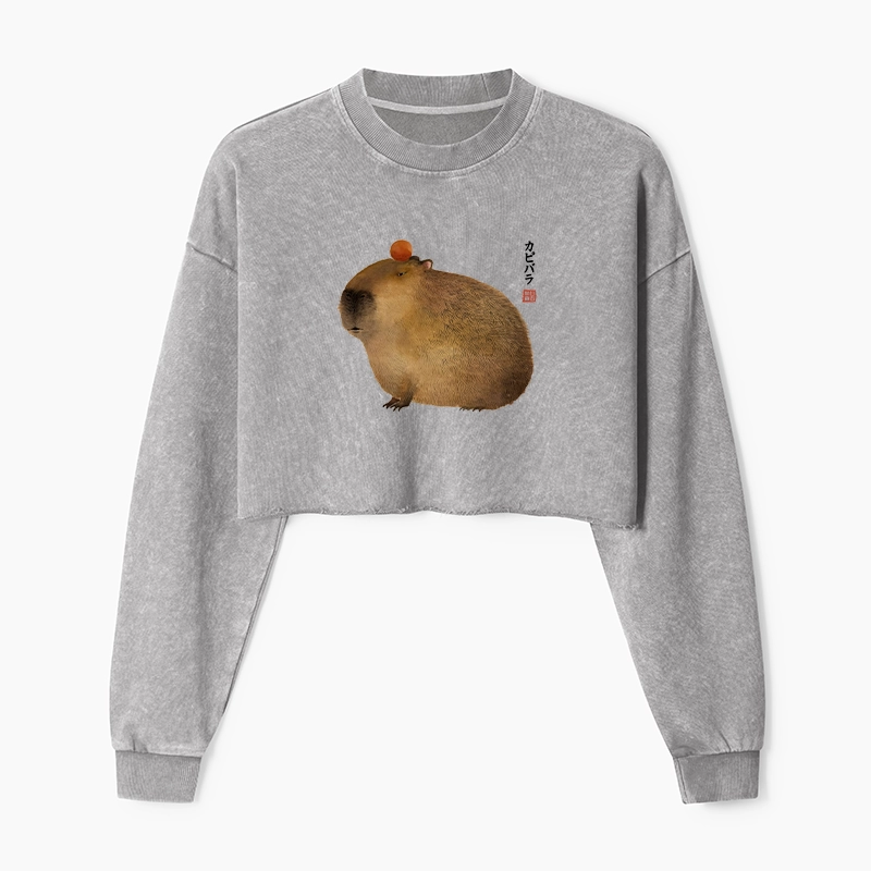 Tokyo-Tiger Calm Capybara Illustration Washed Crop Sweatshirt