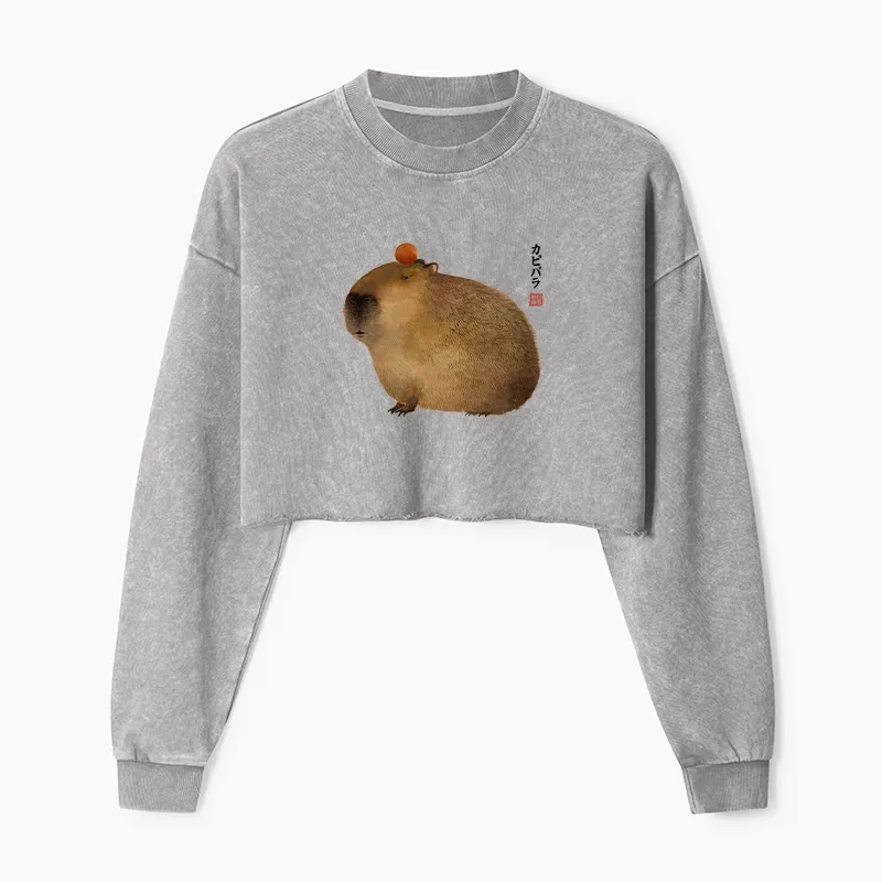 Tokyo-Tiger Calm Capybara Illustration Washed Crop Sweatshirt