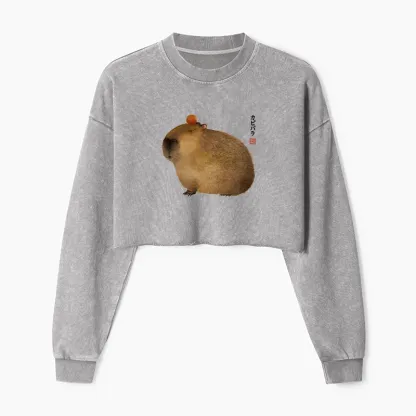 Tokyo-Tiger Calm Capybara Illustration Washed Crop Sweatshirt