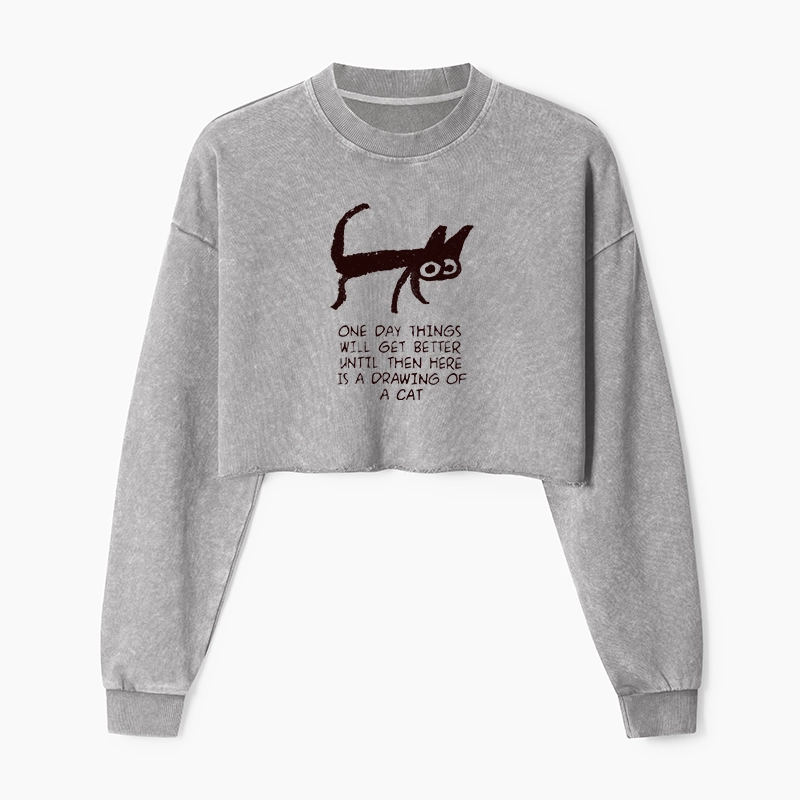Tokyo-Tiger Cat Cheer Up Drawing Washed Crop Sweatshirt