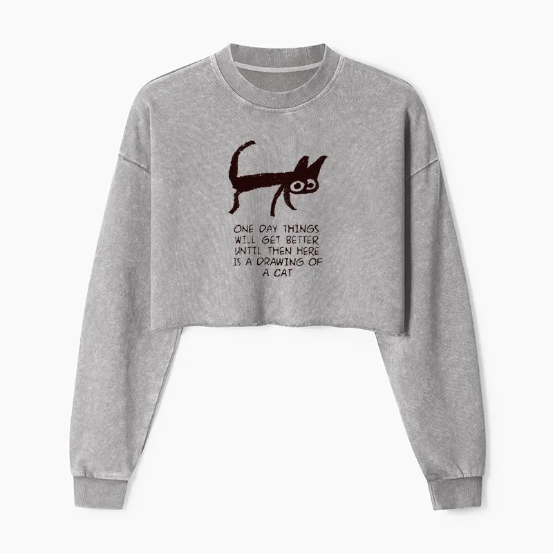 Tokyo-Tiger Cat Cheer Up Drawing Washed Crop Sweatshirt