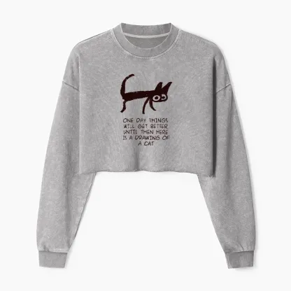 Tokyo-Tiger Cat Cheer Up Drawing Washed Crop Sweatshirt