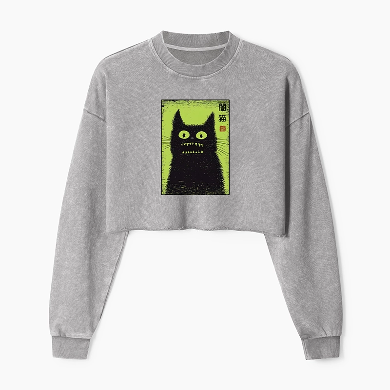 Tokyo-Tiger Spooky Black Cat Japanese Washed Crop Sweatshirt
