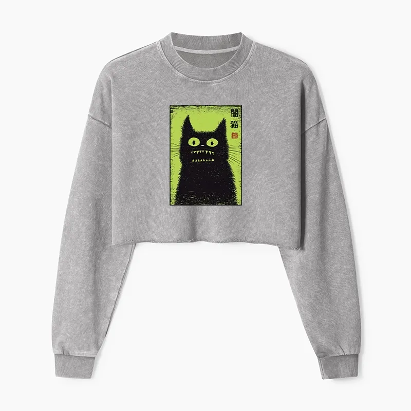 Tokyo-Tiger Spooky Black Cat Japanese Washed Crop Sweatshirt