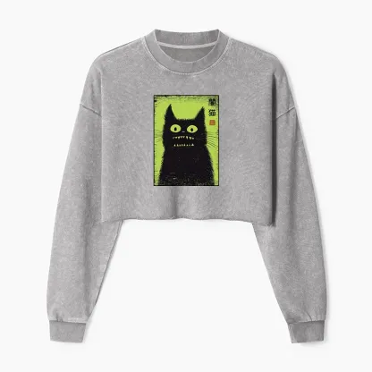 Tokyo-Tiger Spooky Black Cat Japanese Washed Crop Sweatshirt