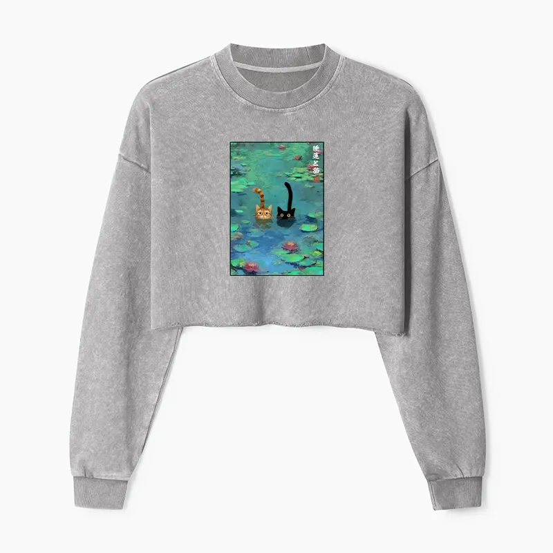 Tokyo-Tiger Funny Cats Swimming In Lilies Washed Crop Sweatshirt Sale