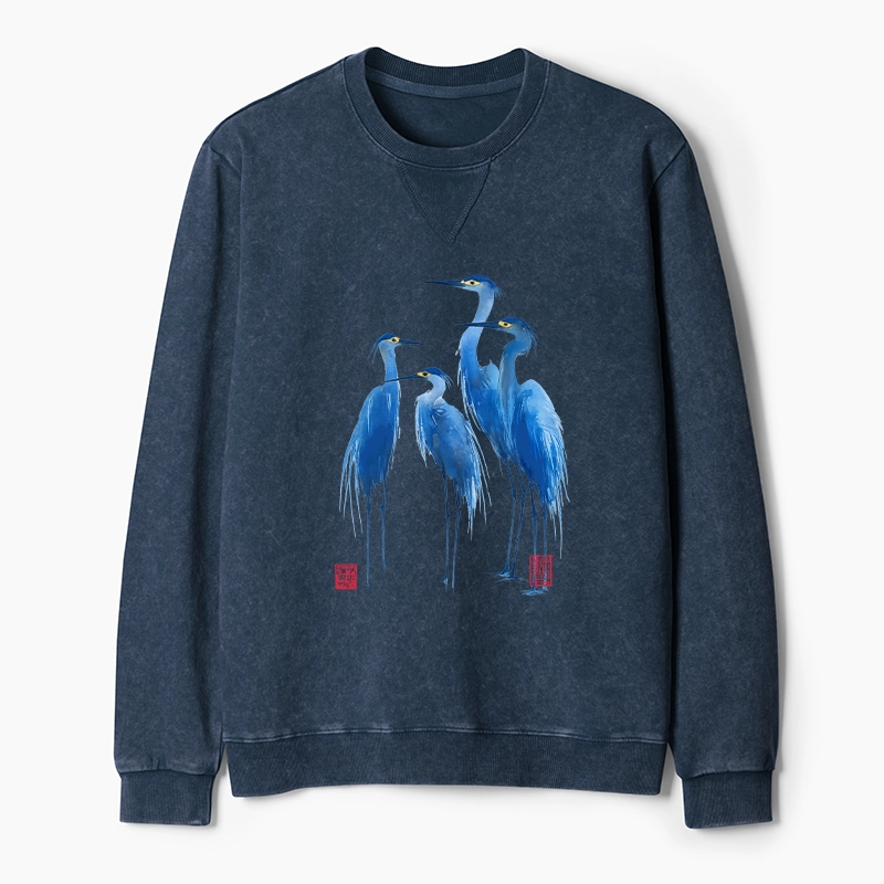 Tokyo-Tiger Flocks Of Great Blue Herons Washed Terry Sweatshirt