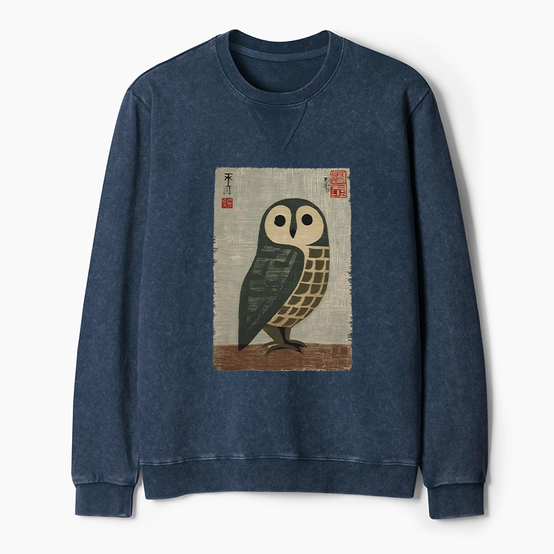 Tokyo-Tiger Traditional Owl In Japanese Art Washed Terry Sweatshirt