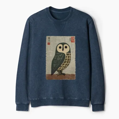 Tokyo-Tiger Traditional Owl In Japanese Art Washed Terry Sweatshirt